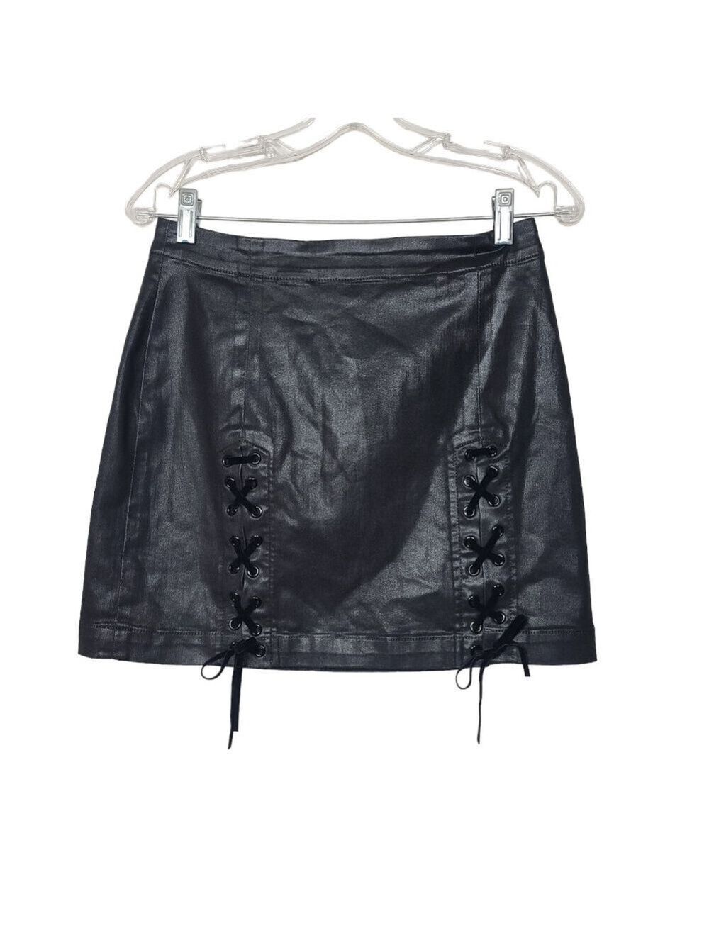 Ramy Brook New York Ryder Coated Denim Lace Up Black Mini Skirt 29